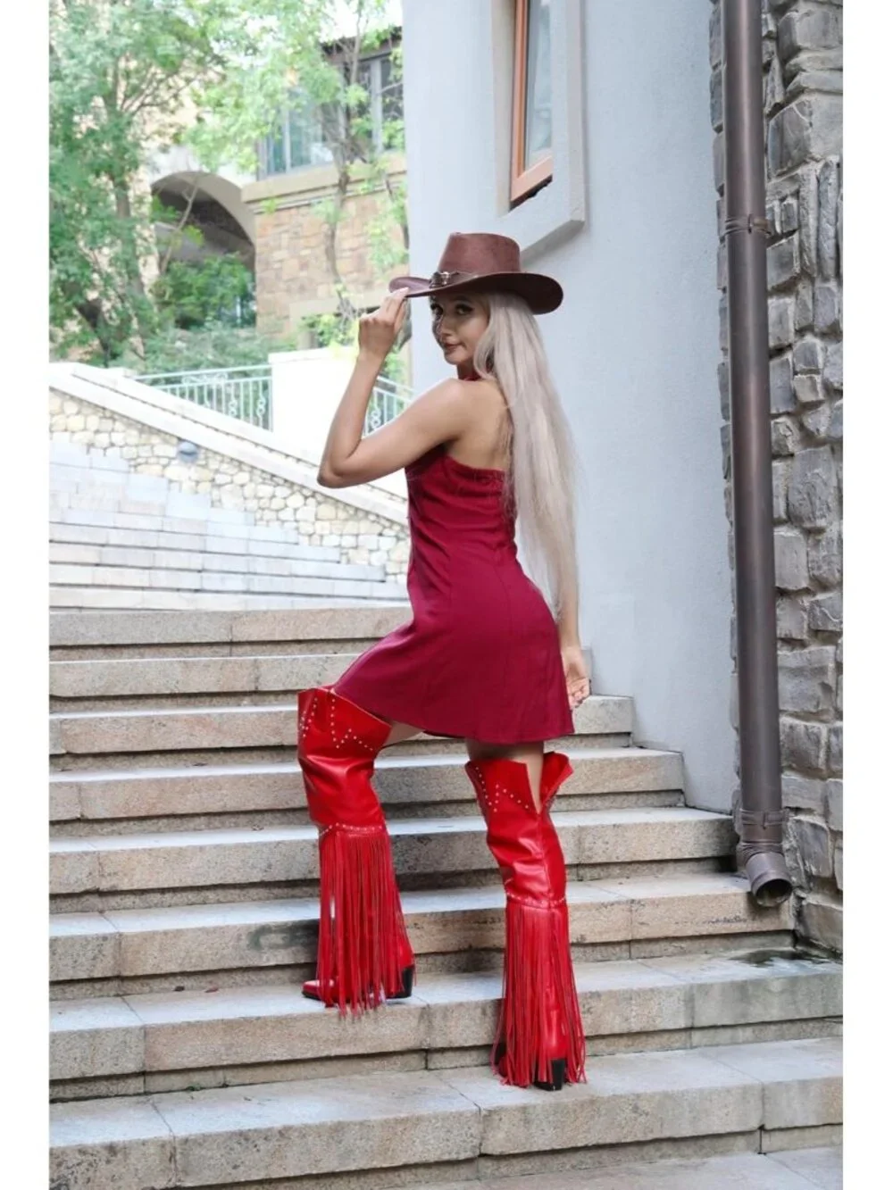 Women's Red Pointed Toe Fringe Wide Calf Cowgirl Over The Knee High Boots